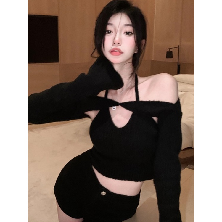 Set áo dệt kim 2 mảnh ZHELIHANGFEI cổ ngang hở vai eo cao gợi cảm