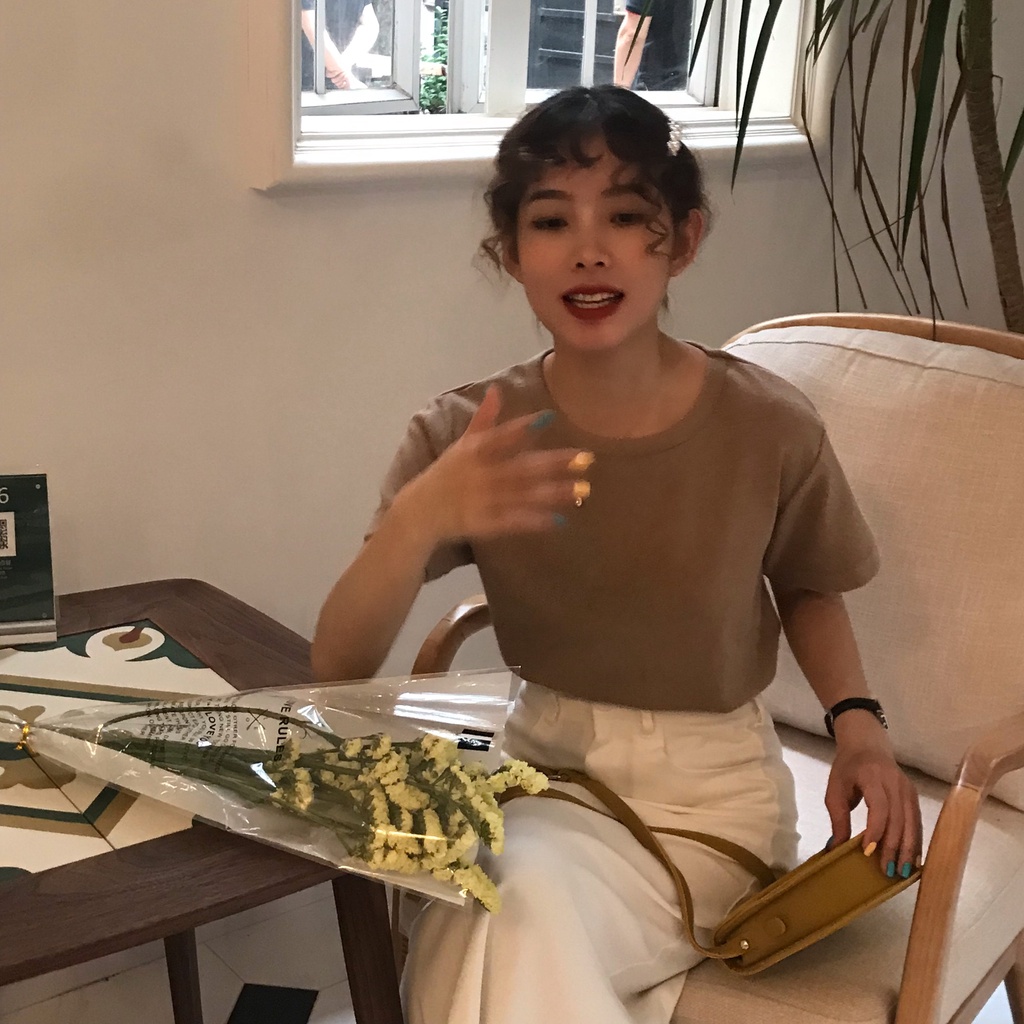 Áo Thun Ngắn Tay Cổ Tròn Màu Trơn Thời Trang Cho Nữ