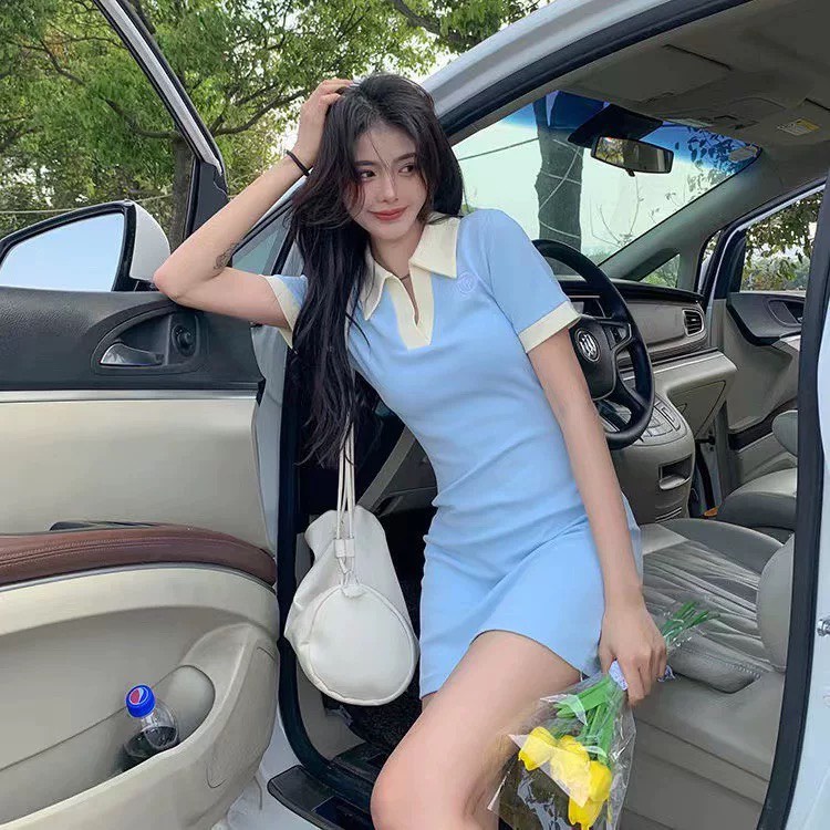 Váy đầm POLO cổ V hai màu xanh be năng động ngọt ngào phong cách Hàn Quốc W107