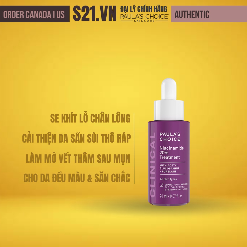 [Hạn T1/24] Tinh Chất Thu Nhỏ Lỗ Chân Lông Tăng Đàn Hồi Paula's Choice Niacinamide 20% Acetyl Glucosamine+Purslane 20ml