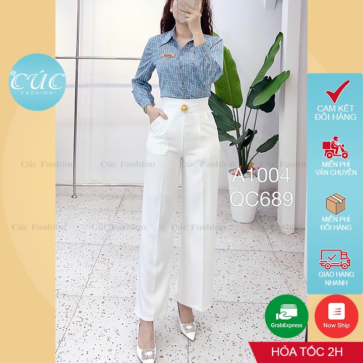 Quần ống rộng Cúc Fashion quần ống suông nữ vải lưng cạp cao dài loe culottes xuông màu đen trắng công sở QC689