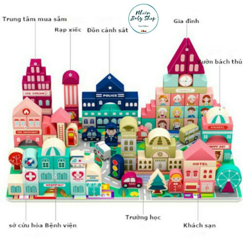 Bộ Thành phố 100 chi tiết + 60 mảnh ghép sàn+ Xô