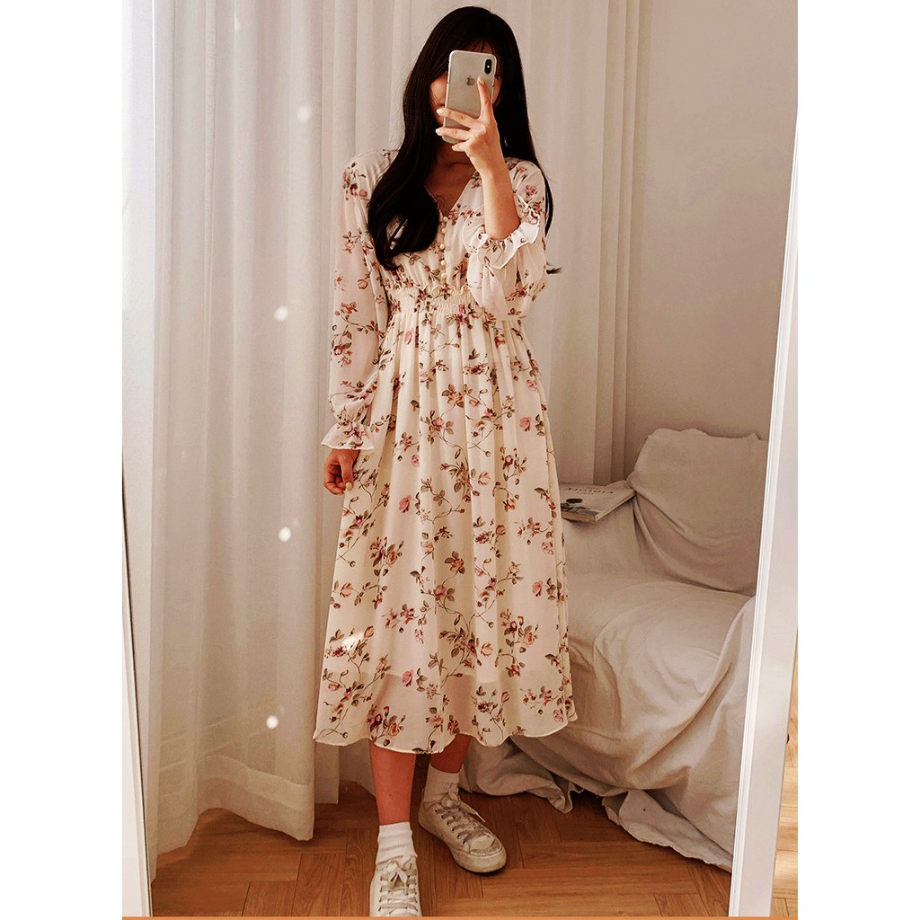 Váy trắng hoa nhí babydoll dáng dài vintage cổ tim cúc ngọc , Đầm thiết kế tay dài kiểu maxi