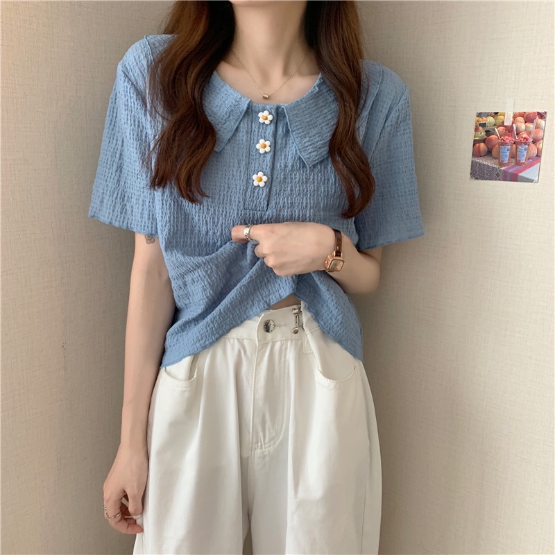 Áo sweater Cổ Polo Tay Ngắn Xếp Ly In Họa Tiết Hoa Thời Trang Mùa Hè Hàng Mới Dành Cho Bạn Nữ