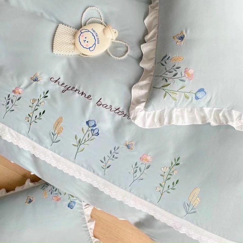 Bộ chăn ga gối cotton bèo ren mềm mại đáng yêu,bộ 4 món chất vải cotton mềm mịn cực kì thoáng mát MỚI