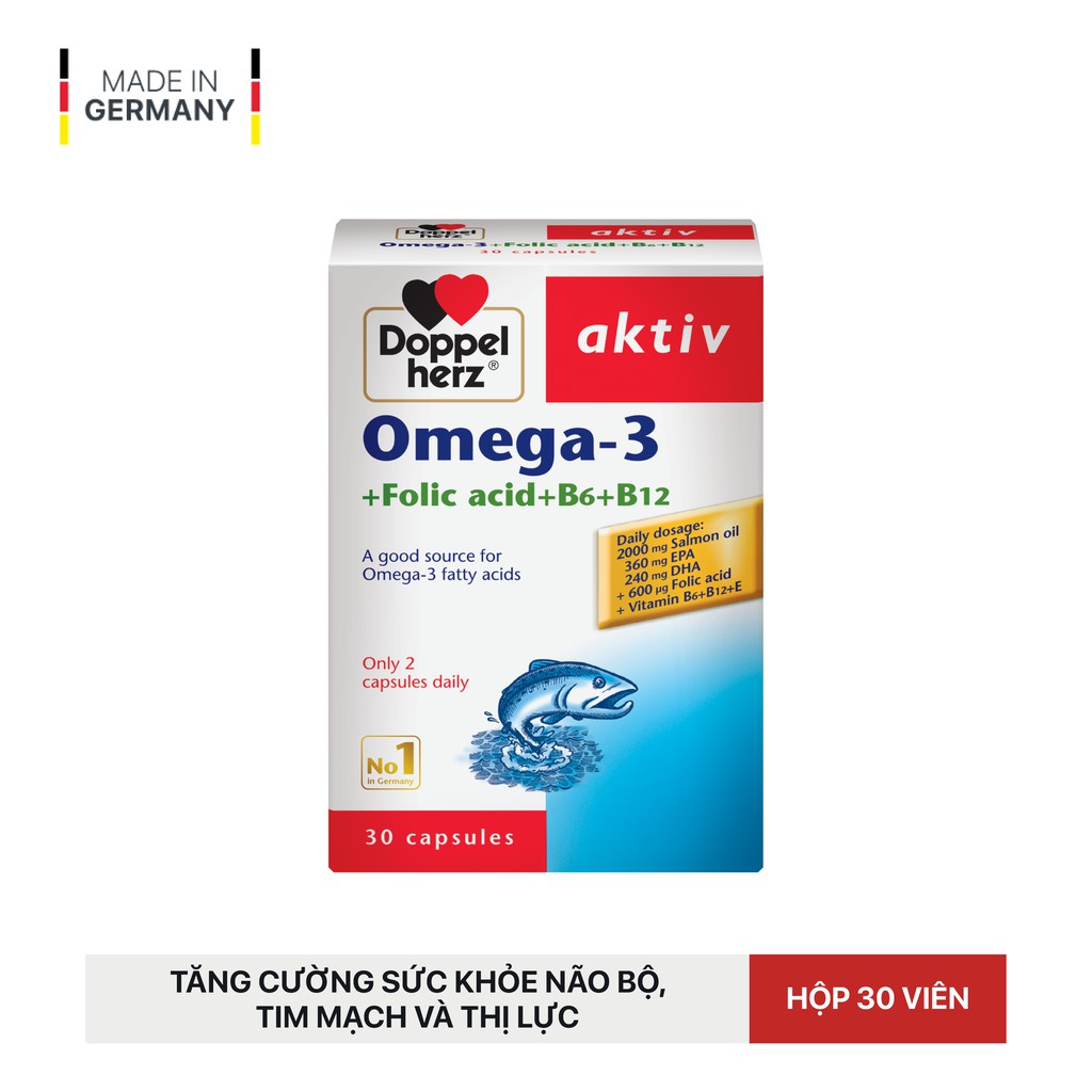 [TPCN NHẬP KHẨU] Viên uống tăng cường thị lực, tim mạch và não bộ Doppelherz Omega 3 + Folic acid + B6 + B12 (30 viên)