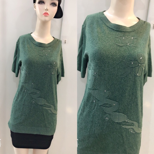 Áo len tay ngắn dáng dài màu xanh