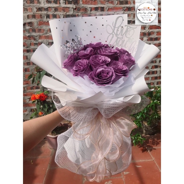 Bó Hoa Nhũ 12 Bông Kèm Chữ Và Thiệp