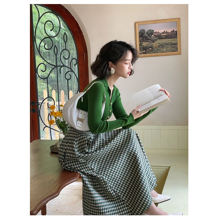 Áo thun COZOK dệt kim tay dài cổ chữ V xếp ly phong cách vintage