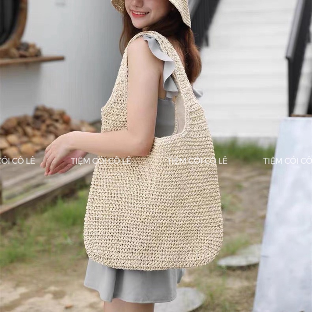Túi cói đeo vai đi biển size lớn phong cách Hàn Quốc thoải mái đựng đồ - Tiệm Cói Cô Lê