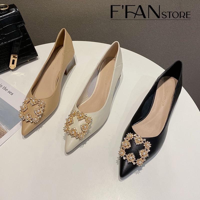 Giày nữ gót vuông mũi nhọn [da thật] mềm mại, cao gót bít mũi 5 phân đính đá a87, màu đen be trắng FFAN STORE