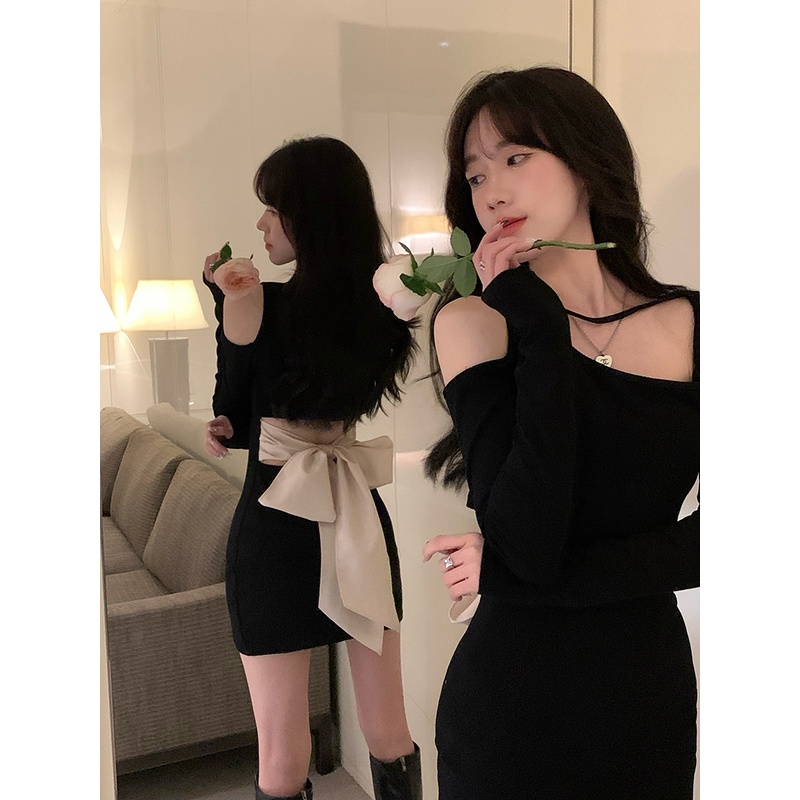 Hot girl bow dress women's 2022 close-fitting sheath skirt black chic sweet and spicy skirt OVFS