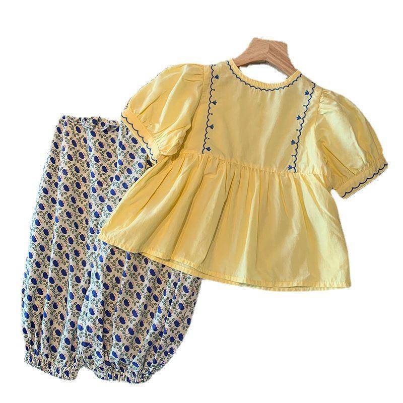 Set áo ngắn tay + quần dài phong cách Hàn Quốc Phương Tây thời trang mùa hè cho bé gái