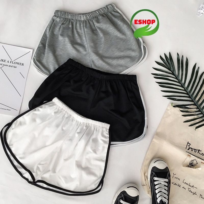 Quần đùi short nữ mặc nhà trắng bo viền cotton mềm chạy bộ đi tập cá tính co giãn đẹp rút dây thể thao ESHOP QD01