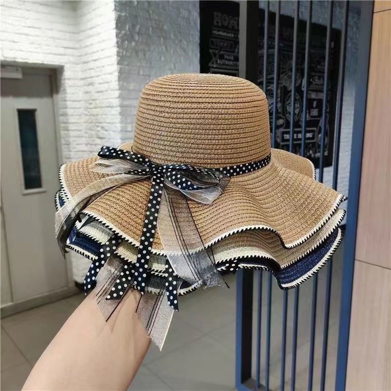 Mũ Cói Đi Biển Rộng Vành Gợn Sóng Gắn Ruy Băng Nơ Dễ Thương Phù Hợp Đi Biển