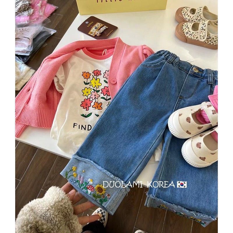 Quần Jean Ống Rộng Thêu Họa Tiết Thời Trang Mùa Thu Mới 2022 Cho Bé Gái