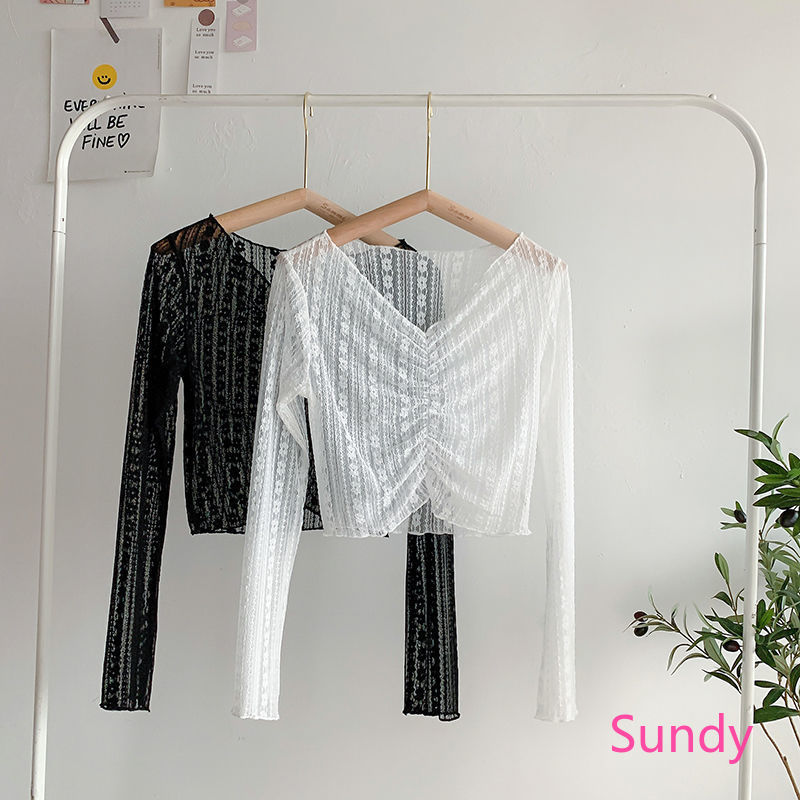 Áo croptop tay dài vải ren gợi cảm thời trang mùa hè cho bạn gái áo kiểu ren