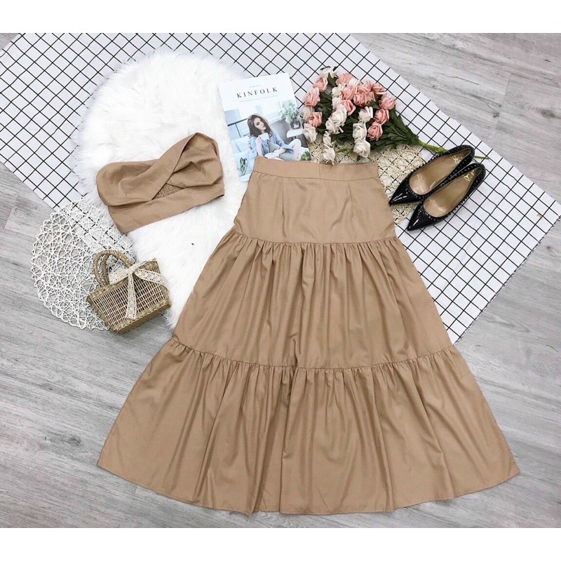 [KA01] Set Áo Ống Croptop Xoắn Ngực Kèm Chân Váy Maxi Tầng - Vải Kate - 2 Màu Kem, Nâu - Dành Cho Nàng Đi Biển, Đi Dạo