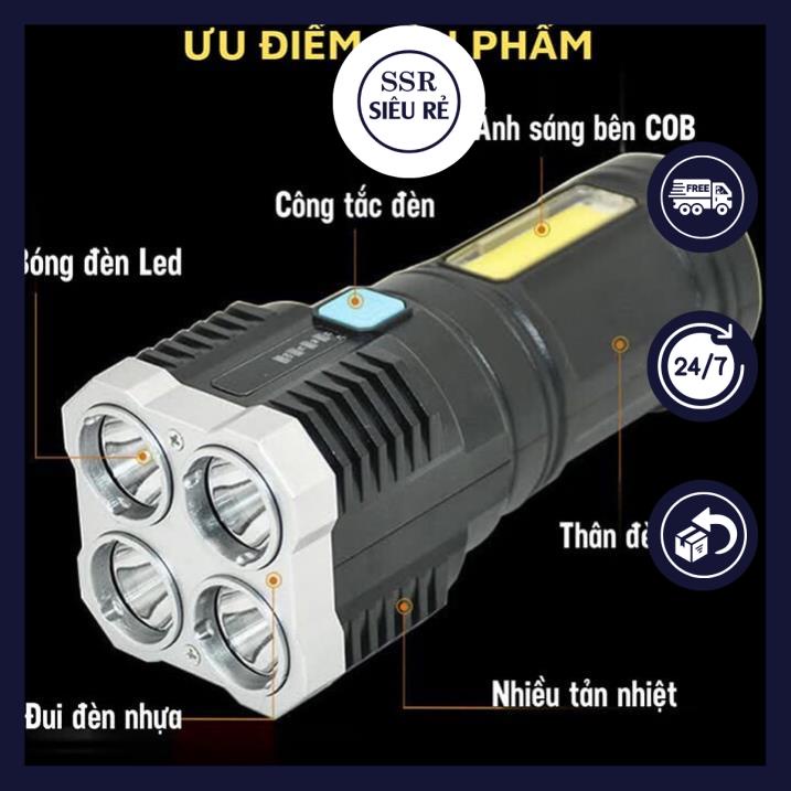 Đèn Pin SSR L19 4 Led Siêu Sáng Chiếu Xa 200M 4 Chế Độ Sáng, Chống Thấm Nước, Có COB Led hông (PD5574)