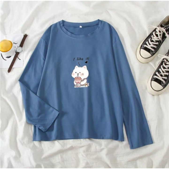 Bộ áo thun dài tay i like it kèm quần ống rộng, áo chất cotton dày dặn, quần cát dáng đẹp, đồ mặc nhà, mặc phố đều xinh.