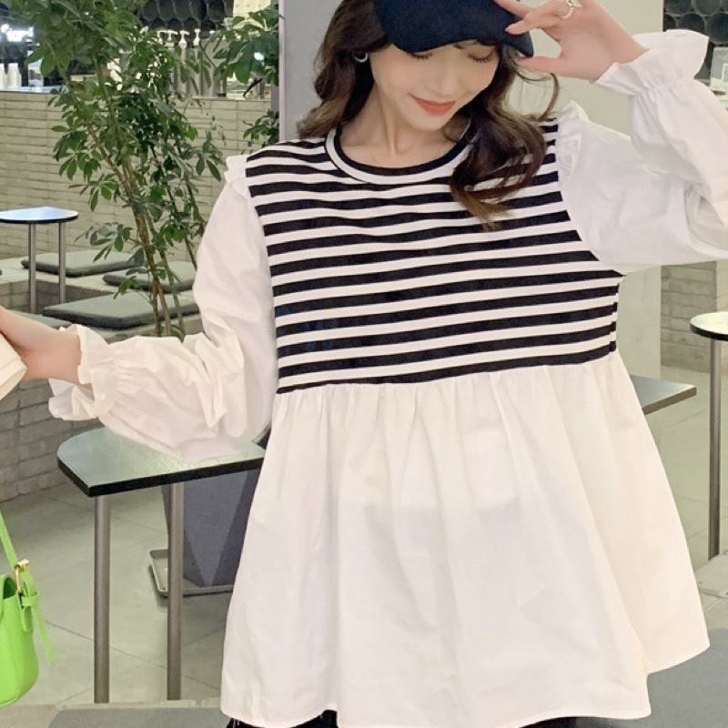 Áo babydoll thiết kế MISS RITA Áo bầu công sở tay dài pha kẻ ngang thiết kế bởi MISS RITA