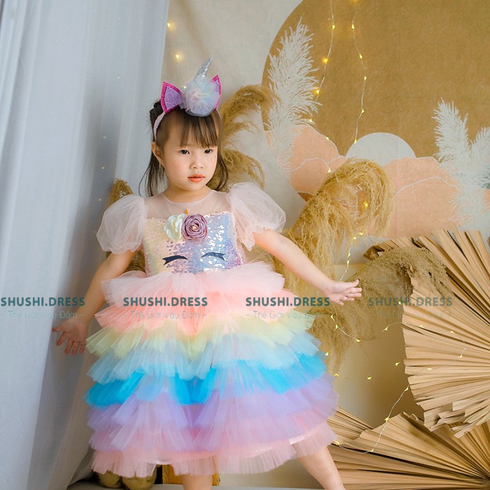 váy công chúa bé gái, đầm công chúa pony màu hồng cho bé đi tiệc, thôi nôi, sinh nhật kèm sừng ngựa thần, nơ rời SHUSHI
