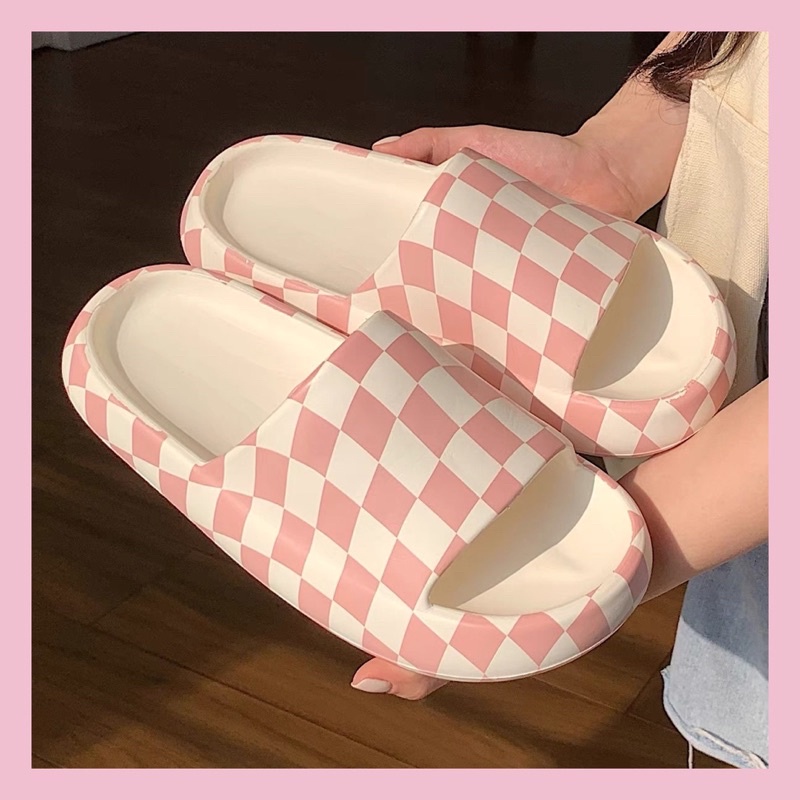 Dép bánh mì,dép quai ngang nam nữ kẻ caro màu hồng dễ thương loại 1 phong cách Ulzzang Mã 71