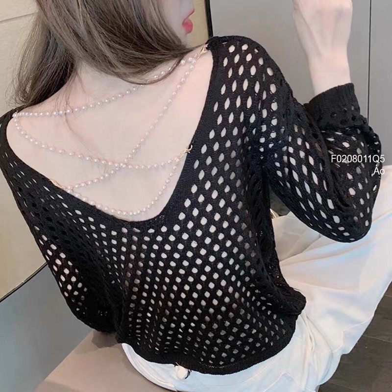 Áo len lưới lỗ dài tay trễ lưng phối xích ngọc chéo TT0208