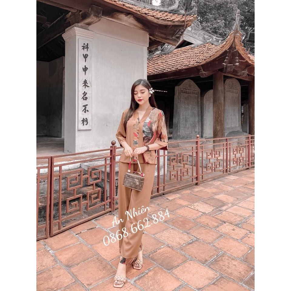 Set Bộ Lụa Vân Gỗ Cao Cấp Nâu Pha
