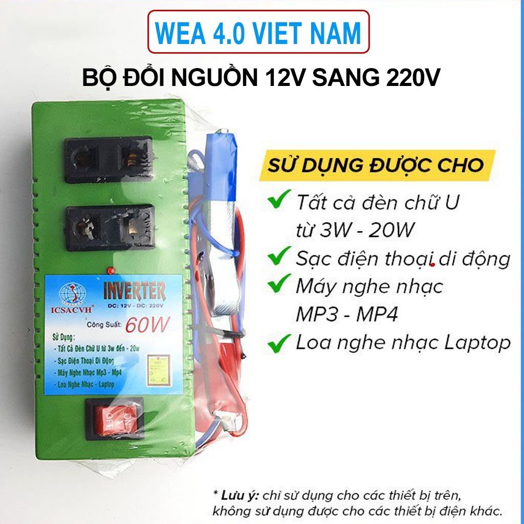 Bộ Chuyển Điện Inverter 12V Ra 220V DC Wea 4.0 Viet Nam, Công Suất 60W, Thích hợp bóng đèn, Sạc điện thoại, Bộ phát wifi