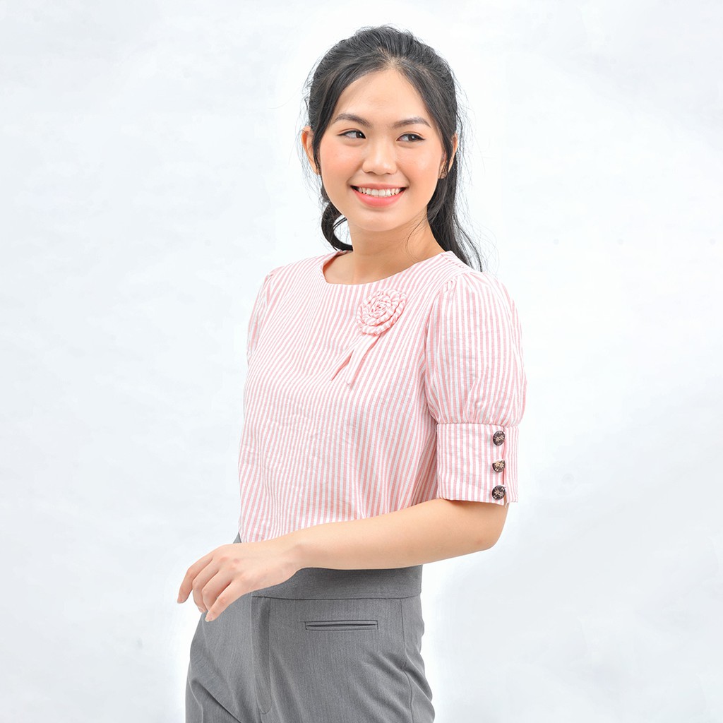 Áo kiểu sơ mi công sở nữ thiết kế thời trang Eden tay ngắn cổ tròn dáng suông kẻ sọc freesize - ASM120