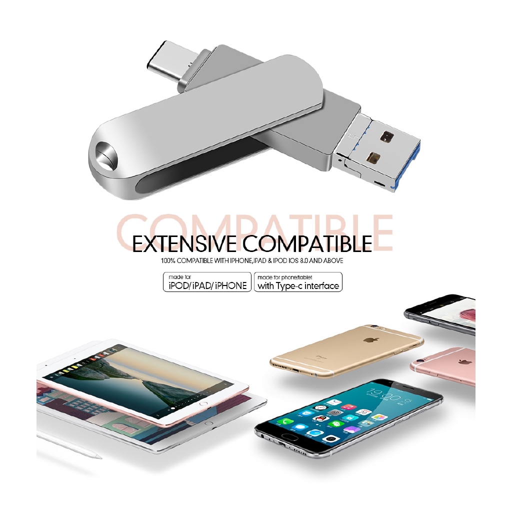 Ổ đĩa flash USB OTG cho loại C/Iphone 16/32/64/128/256/512GB 3 trong 1 bằng kim loại