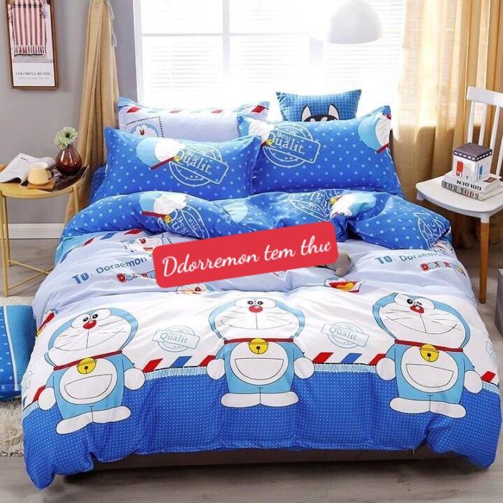 Combo 3 món bộ drap ga giường 1m2x1m9 chất liệu cotton poly hàn quốc,mẫu doremon tem thư