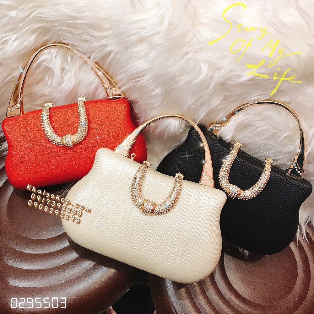 Bóp đầm clutch dạ hội dự tiệc sang trọng đeo chéo xách tay nút bật viền U đính hột lấp lánh siêu xinh