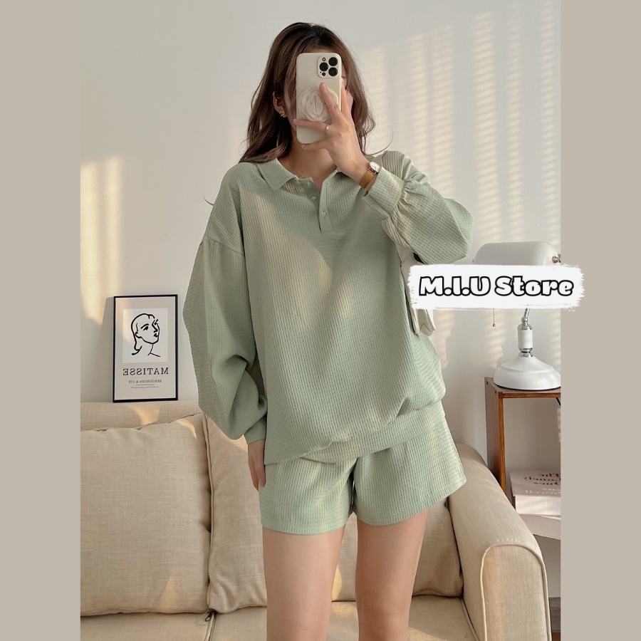Set cotton tổ ong nữ áo dài tay cổ hai khuy mix quần short kiểu dáng năng động