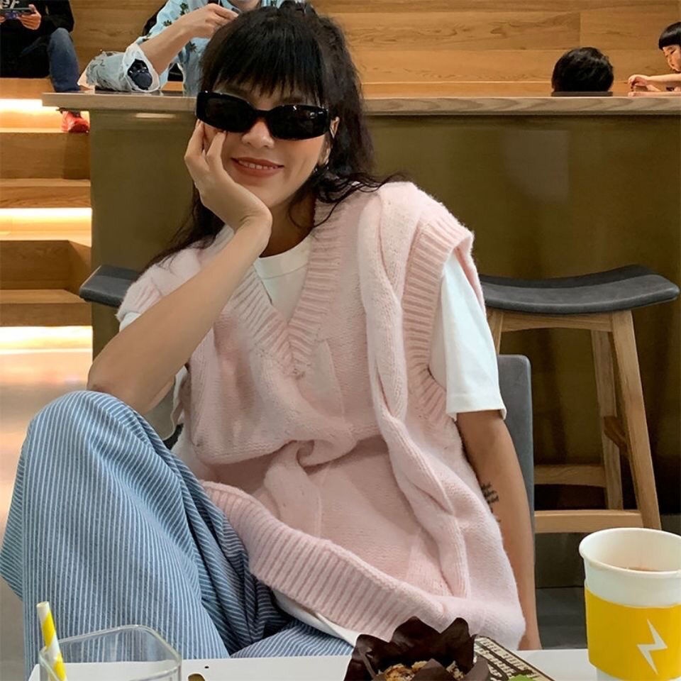 Áo Dệt Kim Không Tay Dáng Rộng Cổ Chữ V Phong Cách Vintage Thời Trang Dành Cho Nữ