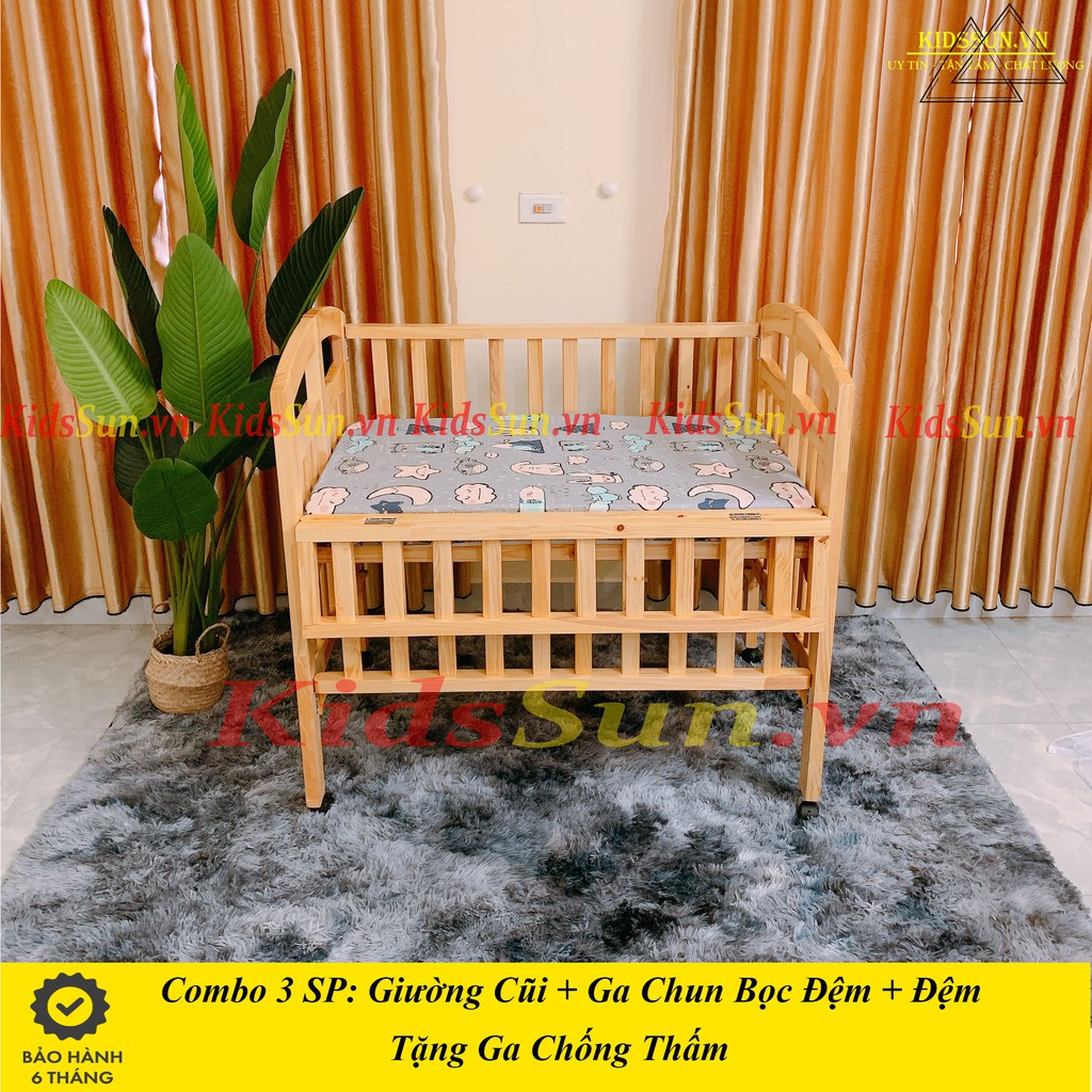 Cũi Gỗ Thông BabySun Giường Cũi Cho Bé Từ 0 - 4 Tuổi Màu Tự Nhiên Kích Thước [110x70x96] BH 12 Tháng Hàng Xuất Khẩu