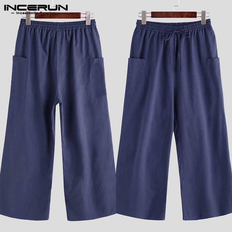 INCERUN Quần cotton linen màu trơn phong cách cổ điển dành cho nam