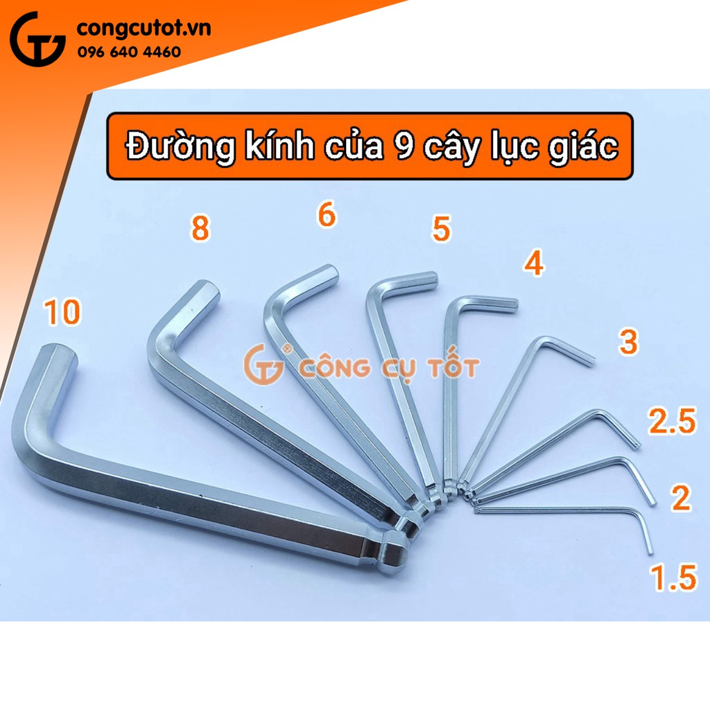 Bộ lục giác 9 cây đầu bi chữ L 1.5 -10mm thép CrV dài 110mm