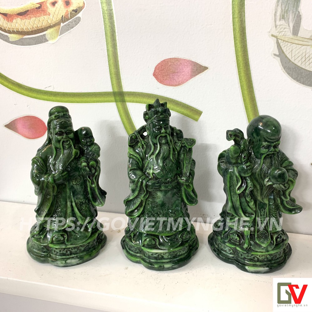 Tượng đá trang trí Phúc Lộc Thọ - Bộ 3 tượng Phong Thủy Phúc Lộc Thọ - Màu Xanh Lục Bích - Chiều cao 14cm