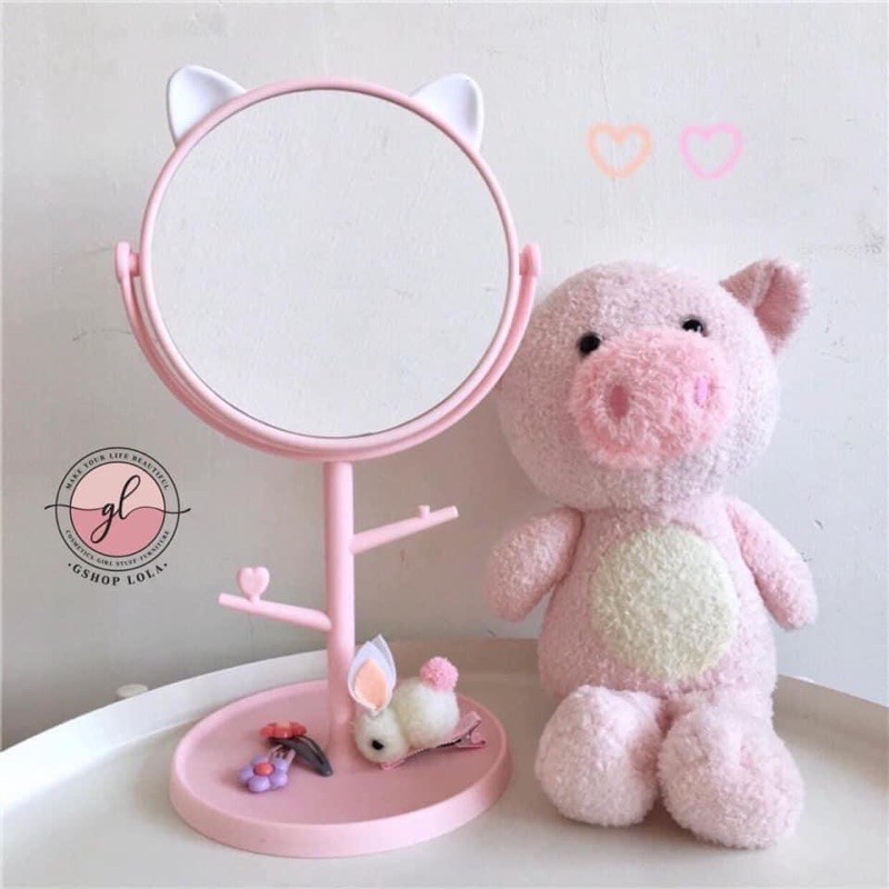 Gương soi tai mèo [FREESHIP] Gương để bàn trang điểm xoay 360 độ tai mèo dễ thương