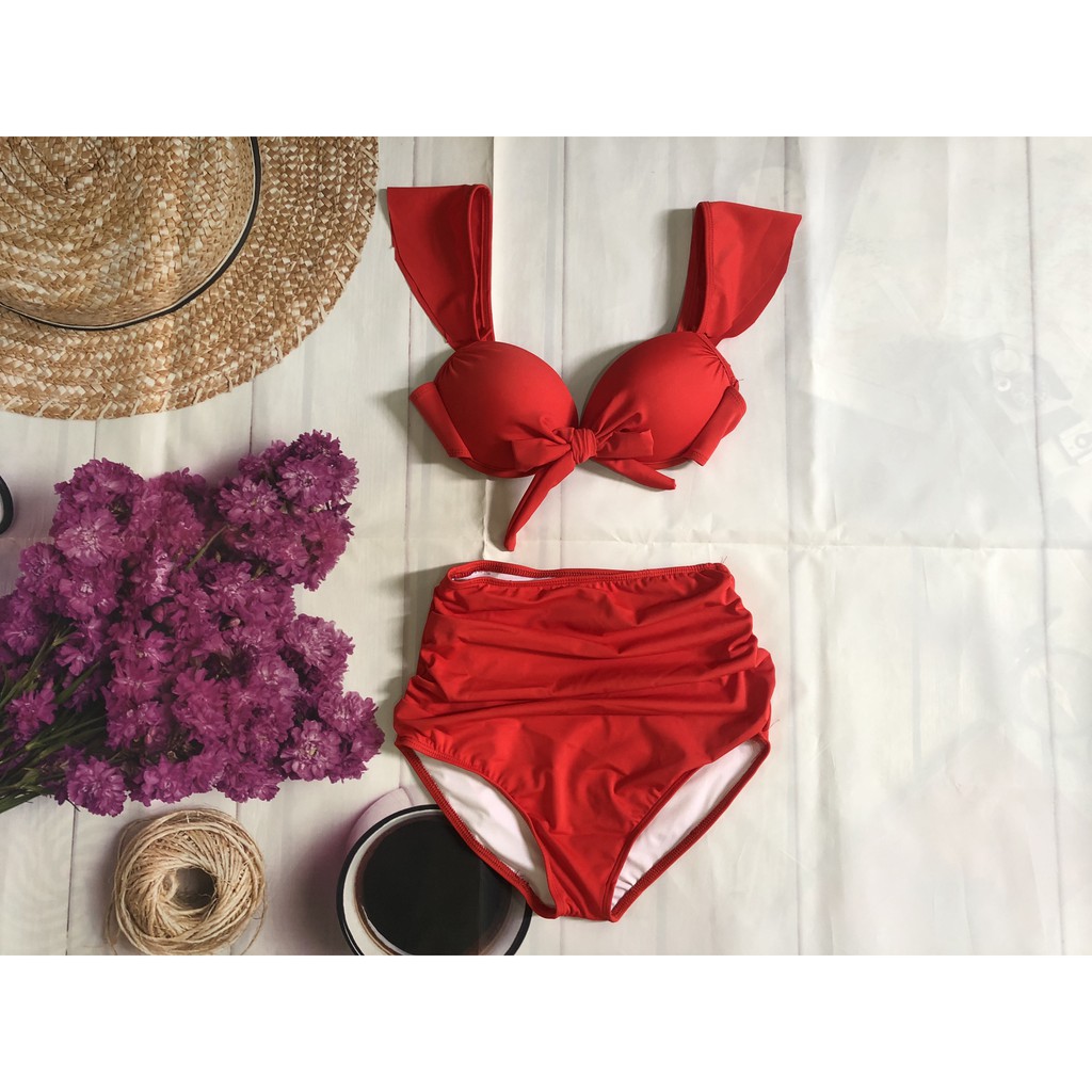 Bikini bộ bơi gọng cánh tiên nơ buộc quần cạp cao EVA GCTN
