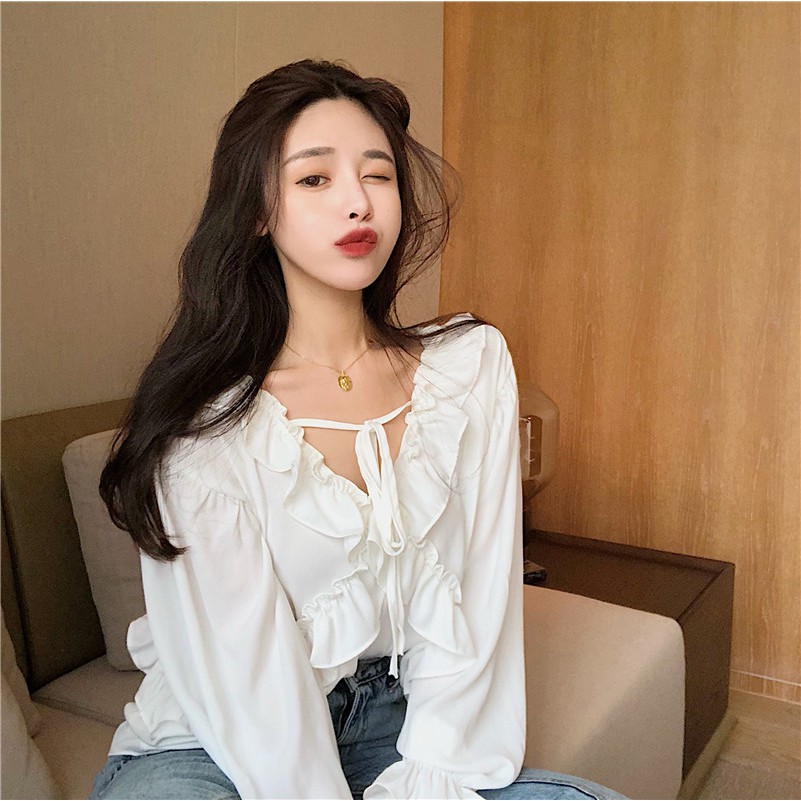 Áo phối bèo buộc dây 2 kiểu ULZZANG