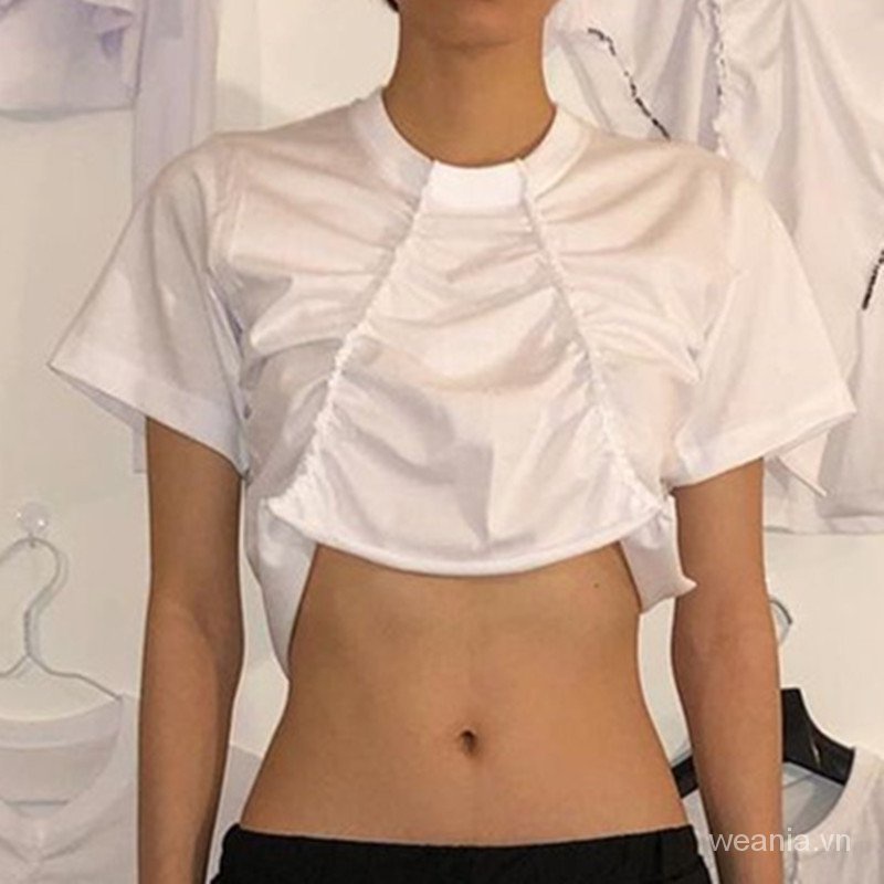 Áo thun cổ tròn thiết kế xếp ly nữ tính phong cách thời trang