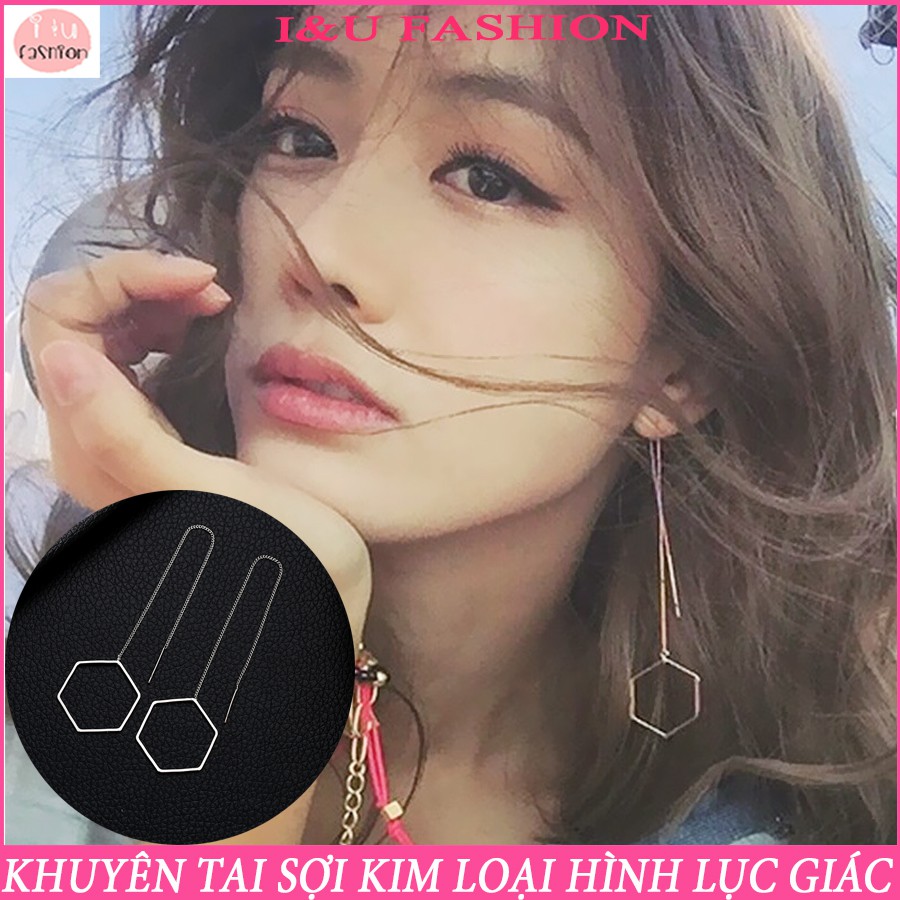 Bông tai khuyên tai nữ dài sợi mảnh kim loại màu Bạc hình lục giác độc đáo cá tính có thể điều chỉnh chiều dài KT-119