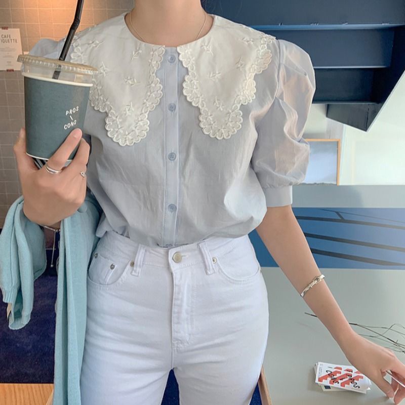 Áo Sơ Mi Tay Ngắn Cổ Búp Bê Màu Sắc Tương Phản Xinh Xắn 153244 Áo Sơ Mi Chui Đầu Dáng Rộng Phong Cách Phương Tây Ngọt Ngào