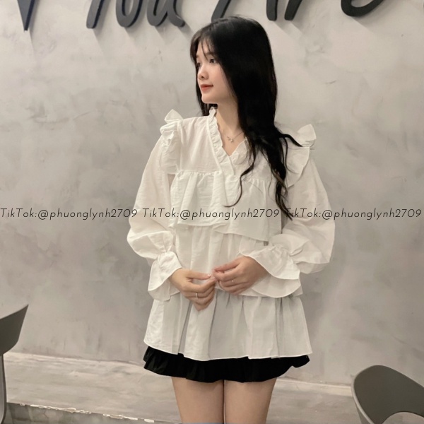 Áo babydoll tay dài , áo kiểu nữ vintage trắng , áo tiểu thư nhiiều tầng viền bèo PLA89