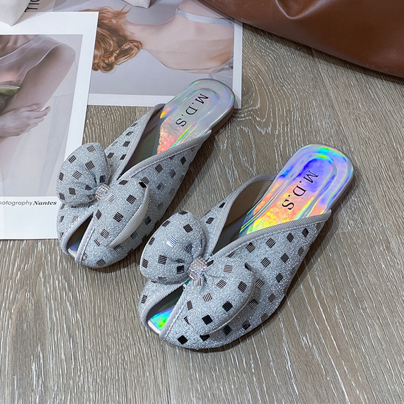 IELGY Dép Bít Mũi Họa Tiết Chấm Bi Đính Nơ Thời Trang Cho Nữ