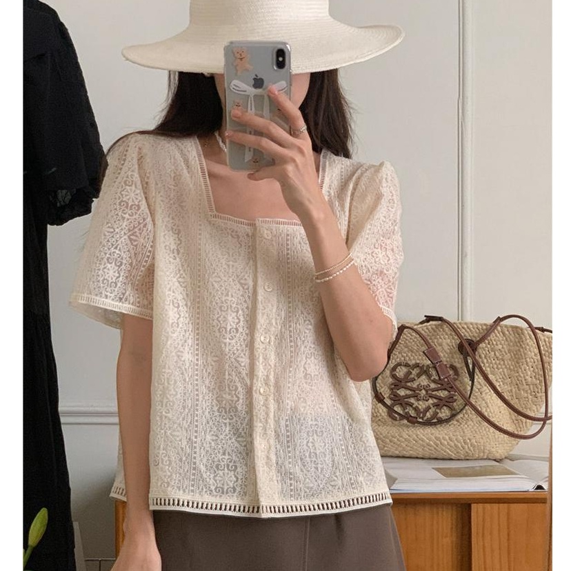 Áo Tay Ngắn Cổ Vuông Phối Ren Thêu Họa Tiết Tinh Tế Phong Cách Hàn Quốc Mới 52354