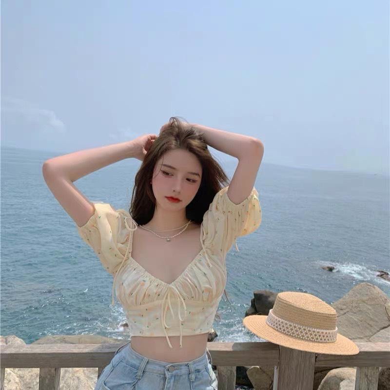 Áo Croptop Kiểu Hoa Nhí Dây Nơ Cúp Ngực Mặc 2 Kiểu Trễ Vai Tay Ngắn Bồng Bo Thun Lưng Co Giãn 351 FIORI STORE